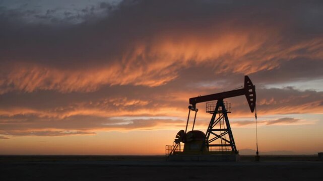 Silhouette of an oil pumpjack extracting oil at sunset with dramatic orange clouds and cinematic sky, energy industry concept, industrial landscape.