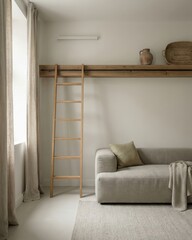 Fototapeta premium Vertical small apartment loft ladder above minimalist sofa with copy space