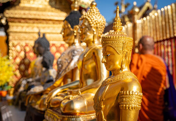Chiang Mai, Thailand – Golden Buddha statues at Wat Phra That Doi Suthep Temple, the most famous temple in Chiang Mai.