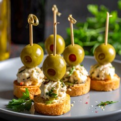 Appetizing olive-topped appetizers on a gray plate, garnished with parsley