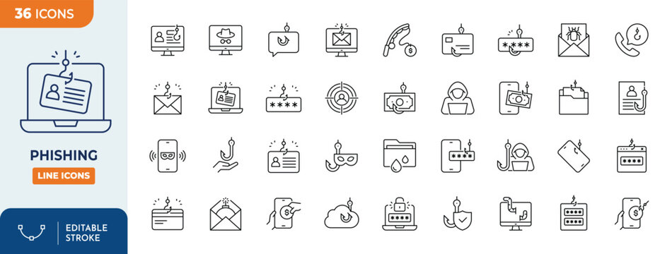 Phishing icon set. Contain icons related to phishing, scam, thief, cybercrime, password hacking, money theft, data leakage, and more. Editable stroke. Vector illustration