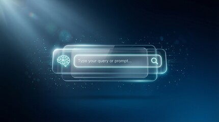 Digital Search Bar: A luminous, transparent search bar floats in a futuristic digital space, inviting users to input queries and explore the boundless realms of information and knowledge