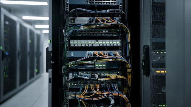 Focused view of network racks in a cold aisle capturing organized cables and blinking switch lights with surrounding racks softly out of focus.