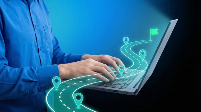 Professional manager using laptop computer with holographic milestone flag icon for business development roadmap and strategic project goal setting concept