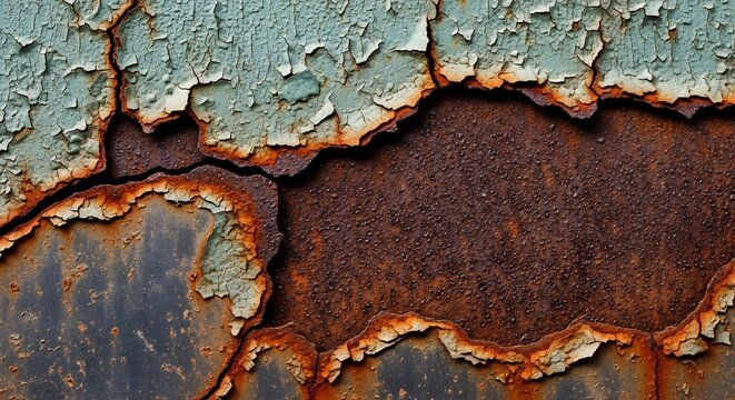 Close-up of peeling paint and rust on a metal surface.