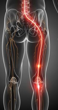 Human body anatomy rendering nervous system spinal cord sciatic nerve highlight