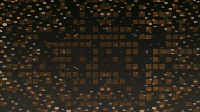 Close-up of a dark background with numerous small golden and brown squares arranged in a grid pattern with varying lighting effects.