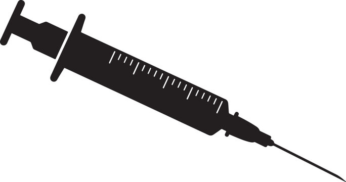 Black silhouette of a medical syringe with needle and measurement markings on a white background also transparent background 1