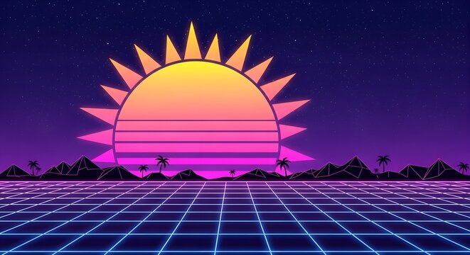 Retro Sunset Over Digital Grid Landscape.