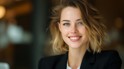 Fototapeta premium Charming portrait of smiling woman with short blonde hair and cheerful expression, dressed in a black blazer 