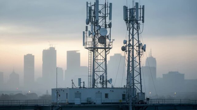 Focused medium view of the FM broadcast towers detailed antennas with the adjacent transmitter building softly blurred set against a misty urban skyline at daybreak.