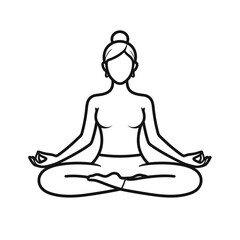 Obraz premium A tranquil illustration of a woman practicing meditation in lotus pose, captured as a minimalist black-line silhouette on a plain white canvas, viewed from a frontal perspective