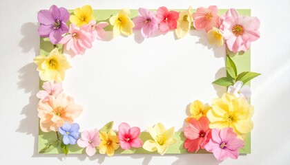Fototapeta premium Floral Frame: A colorful arrangement of vibrant blossoms delicately frames a blank canvas, offering a serene invitation for creative expression and personal messaging.