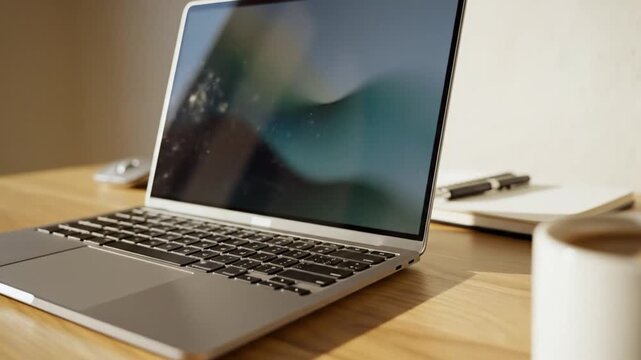 Laptop on a Wooden Desk: A sleek, modern laptop sits open on a warm, inviting wooden desk, its screen reflecting an abstract scene, alongside a pen, notepad, and a cup of coffee.