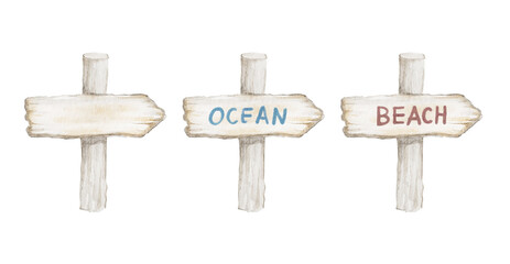 Watercolor wooden signpost set, hand-painted blank white wood direction signs with beach text-300dpi- © URU