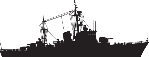 Black silhouette of a warship with multiple gun turrets and masts against a white background also transparent background © BeCoolOk