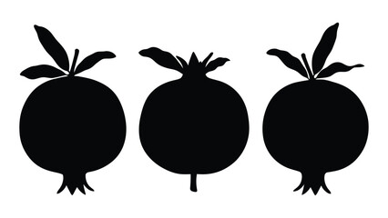 A simple yet elegant illustration of three pomegranates in a row, showcasing their distinctive shapes and leafy crowns in a minimalist black silhouette on a white background