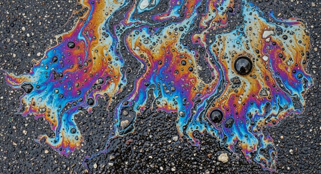 Iridescent Oil Slick on Asphalt Surface with Bubbles.