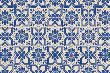 Fototapeta premium Blue and white floral pattern on ceramic tiles background