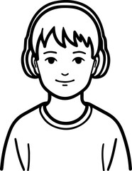 Obraz premium Hand Drawn Boy Wearing Headphones Black and White Avatar Illustration in Minimal Line Art Style Design
