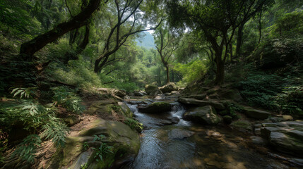 Obraz premium Lush Forest River Scene with Clear Water and Vibrant Greenery