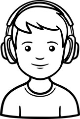 Obraz premium Hand Drawn Boy Wearing Headphones Black and White Avatar Illustration in Minimal Line Art Style Design