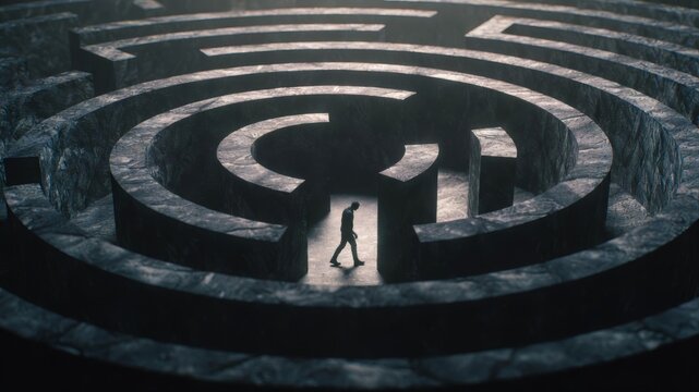 Man Walking Alone Inside a Dark Circular Maze Symbolizing Challenge