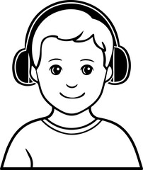 Obraz premium Hand Drawn Boy Wearing Headphones Black and White Avatar Illustration in Minimal Line Art Style Design