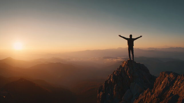 silhouette of man standing on mountain peak at sunrise with arms raised, hiker celebrating success on mountain summit at golden sunrise, person reaching mountain top with open arms overlooking scenic 