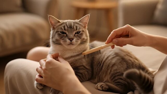 Person grooming a beautiful tabby cat with a brush in soft lighting