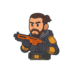 Naklejka premium Serious soldier holding rifle. Commando fighter with orange gun. Tactical military character ready for combat.