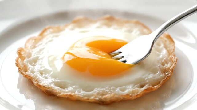 Close-up of a sunny-side up egg on a white plate with a fork piercing the yolk, in a bright and airy kitchen setting.