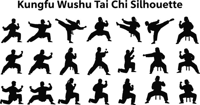 Kung fu, wushu and tai chi martial arts silhouette poses set, traditional Chinese martial artists performing combat stances and kicks isolated on white background