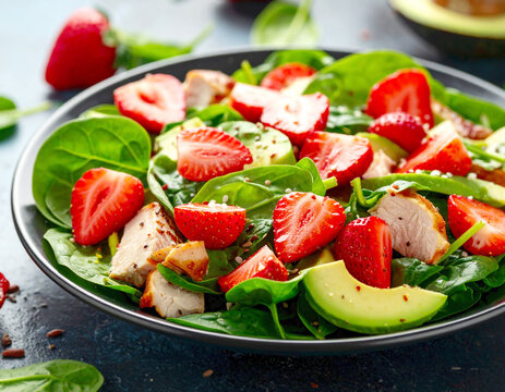 Chicken, strawberry, avocado and spinach salad, closeup. AI