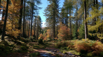 Obraz premium Pathway between tall trees under a clear blue sky, a picturesque autumn scene of the forest 