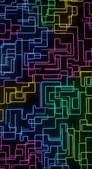 Colorful network of vertical and horizontal lines resembling a computer circuit or modern light maze.