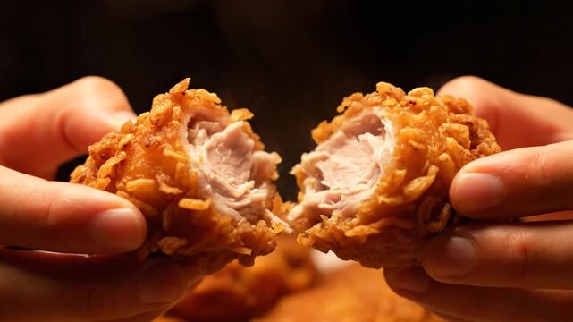 Close-up of hands holding a crispy fried chicken nugget cut in half revealing the inside against a dark background.