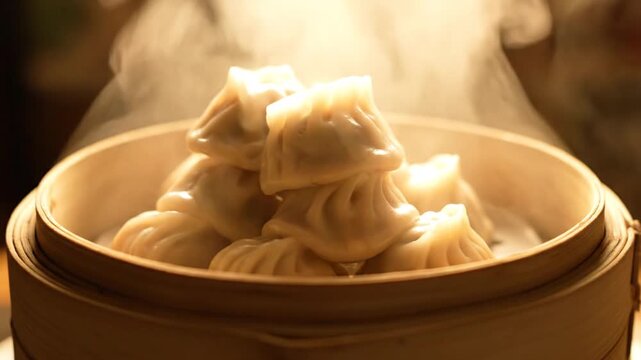 Steaming bamboo steamer filled with dumplings on a table with a warm and appetizing mood.