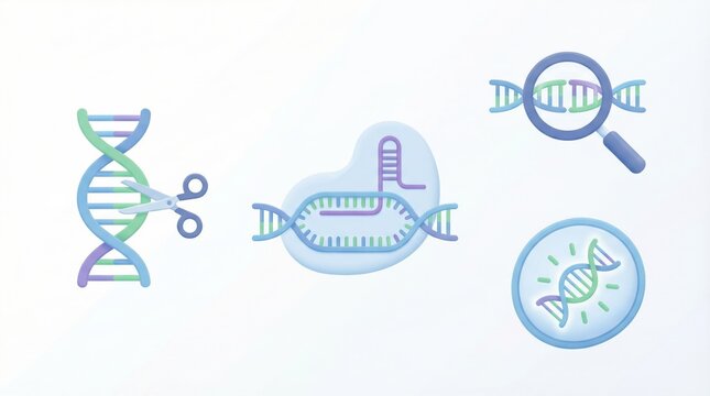 Molecular manipulation concepts featuring abstract DNA structures scissors and magnifying glass representing genetic editing innovation and exploration in biotechnology