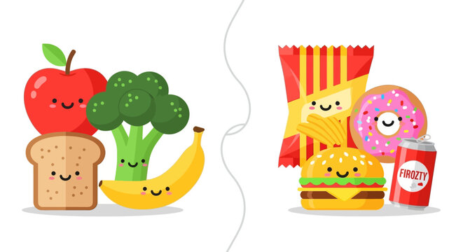 Healthy food vs junk food comparison in cartoon style, including fruits, vegetables, bread, and processed snacks