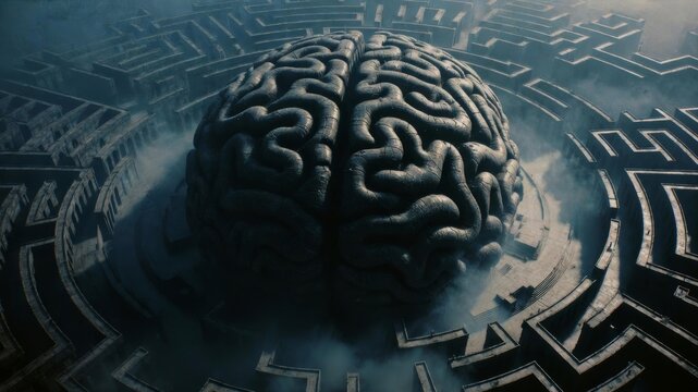 Surreal giant brain structure inside a mysterious stone labyrinth maze