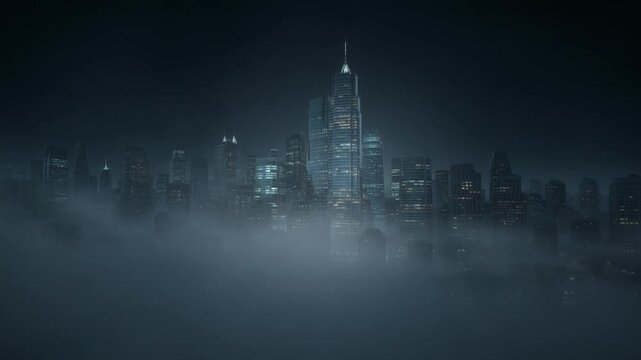 Dramatic foggy cityscape at night with illuminated skyscrapers shrouded in mist