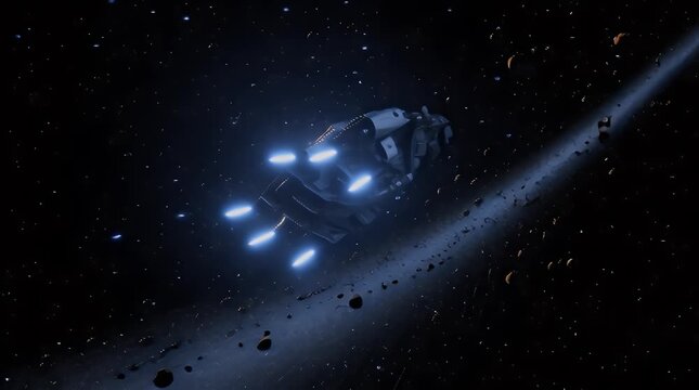 Futuristic spaceship navigates a dense asteroid field in deep space showcasing advanced technology and exploration themes with dramatic lighting and a sense of wonder