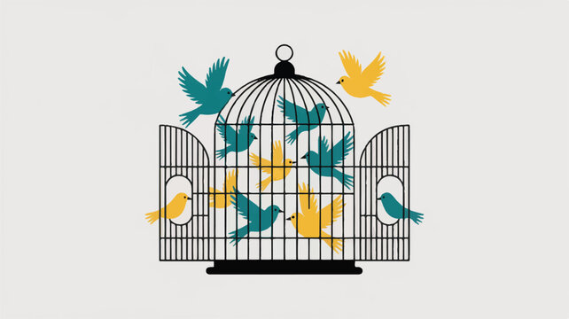 birds flying out of open cage freedom concept