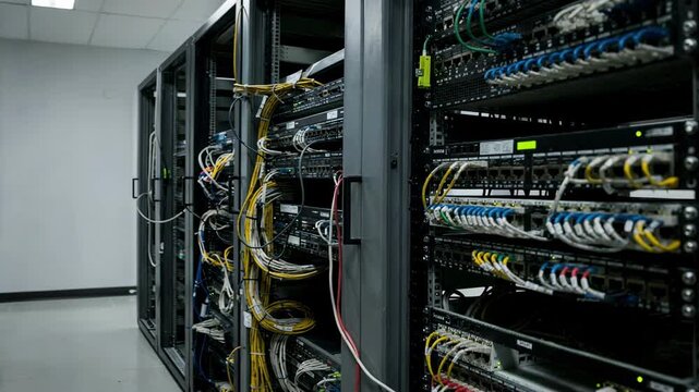 Medium shot capturing side view of telecom room with half old copper frames and half modern equipment racks emphasis on transition area with selective focus.