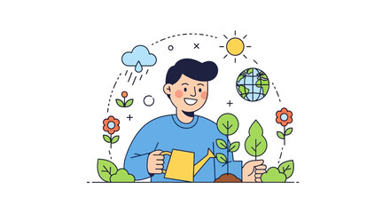 Fototapeta premium Young man passionately nurturing plants with a watering can, surrounded by symbols of a thriving natural environment and a sustainable Earth