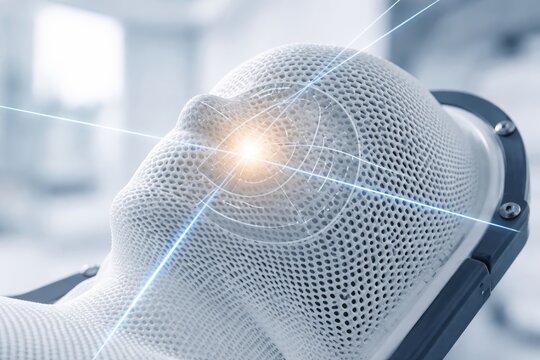 Custom perforated thermoplastic radiotherapy mask immobilizing patient head during precision brain radiation treatment