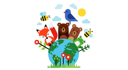 Fototapeta premium Adorable wildlife illustration with a fox, bears, and birds around the Earth, promoting environmental protection and nature conservation worldwide