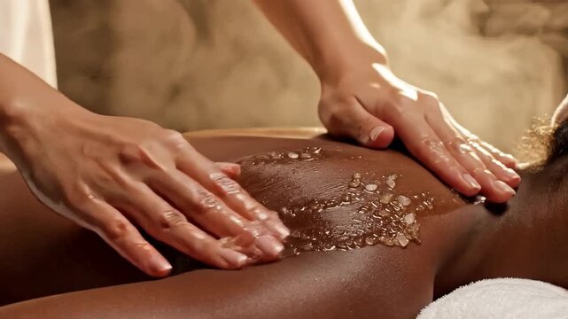 A therapist's hands gently applying an exfoliating body scrub to a woman's back. A relaxing massage treatment in a luxury spa with warm steam. Body care and wellness procedure