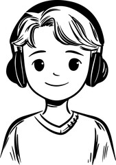 Obraz premium Hand Drawn Boy Wearing Headphones Black and White Avatar Illustration in Minimal Line Art Style Design